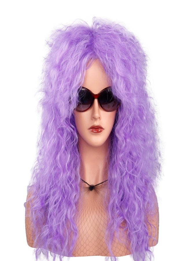 MEIRIYFA 80s Rocker Punk Wig Long Curly Wig for Men and Women Retro Mullet Wigs for Halloween Costume Cosplay Party (Purple) - Image 1